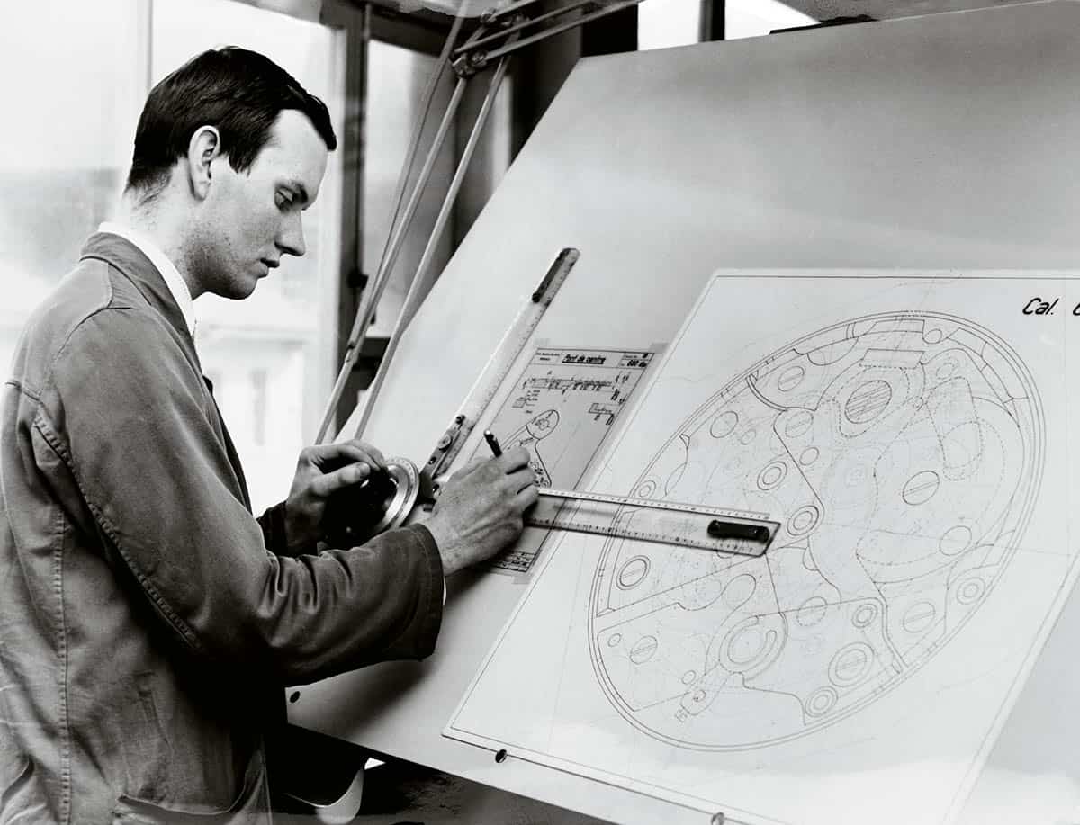 Oris Oskar Mohler working on technical drawing 1968.tif