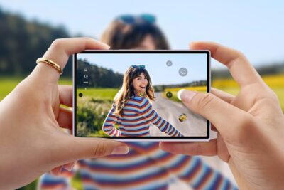 Person fotografiert mit dem aufgeklappten Samsung Galaxy Z Fold8 eine Frau im Freien