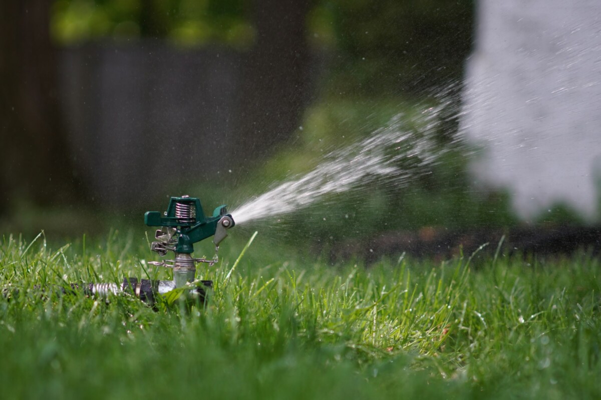 Klassischer Impact-Rasensprenger bewässert einen Garten im Frühsommer