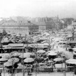 Der alte Wiener Naschmarkt um 1900 mit Blick zur Secession im Hintergrund