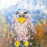 Großformatiges Eulenbild von Heidrun Karlic, Teil der Ausstellung Schräge Vögel in Wien