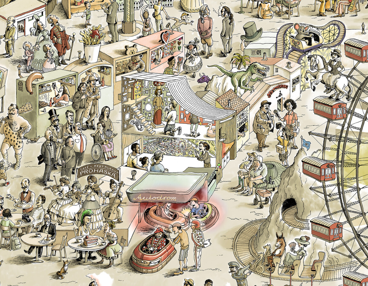 Panoramabild des Wiener Praters mit dem neuen Pratermuseum, gemalt von Olaf Osten