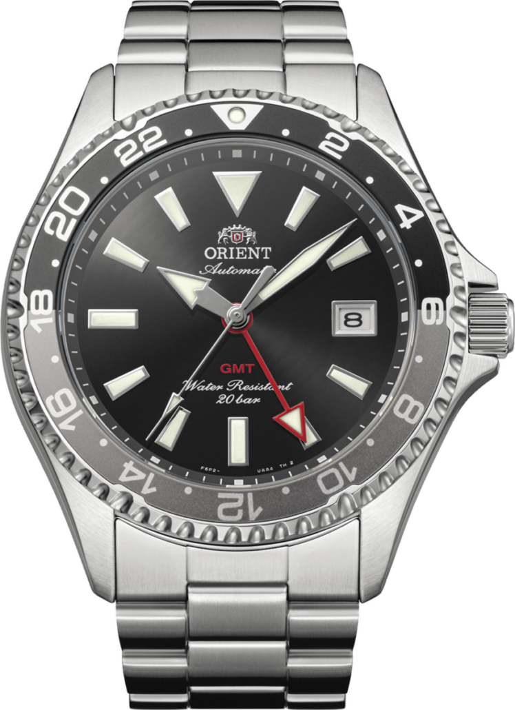Orient Mako GMT mit schwarzem Zifferblatt, Taucheruhr mit Dual-Time-Funktion