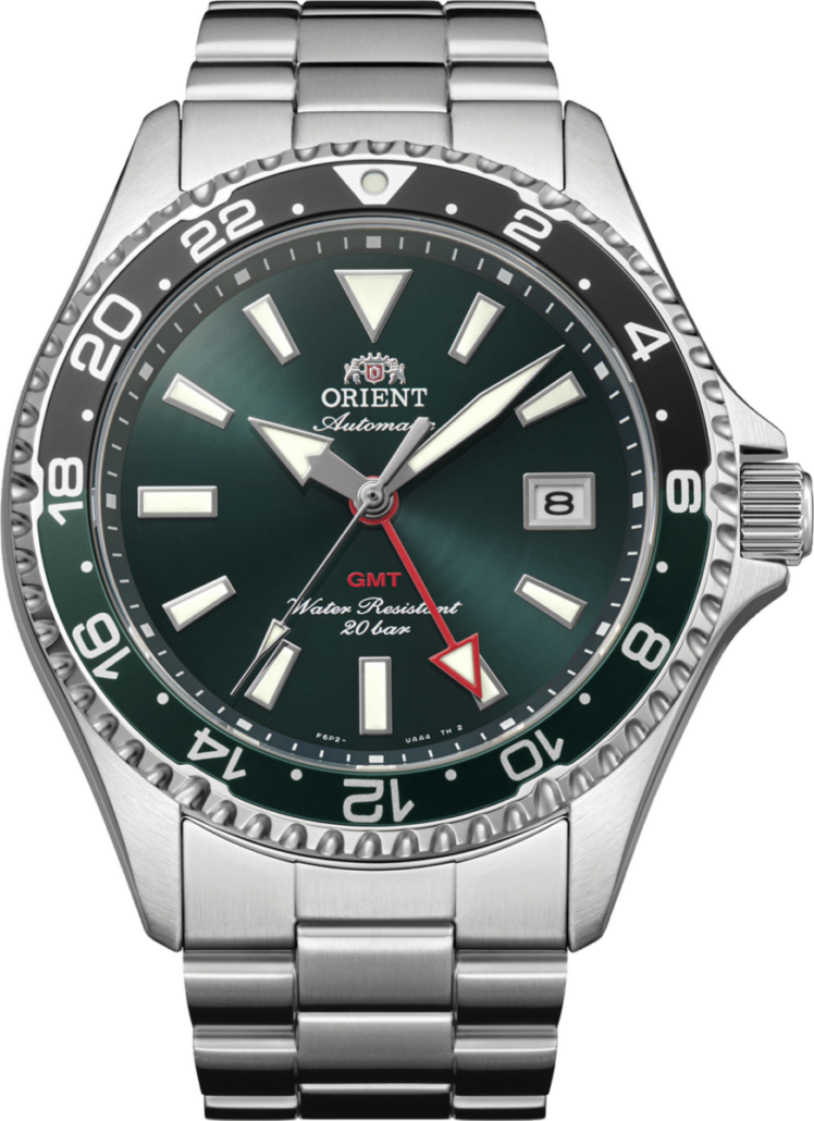 Orient Mako GMT mit grünem Zifferblatt und rotem GMT-Zeiger