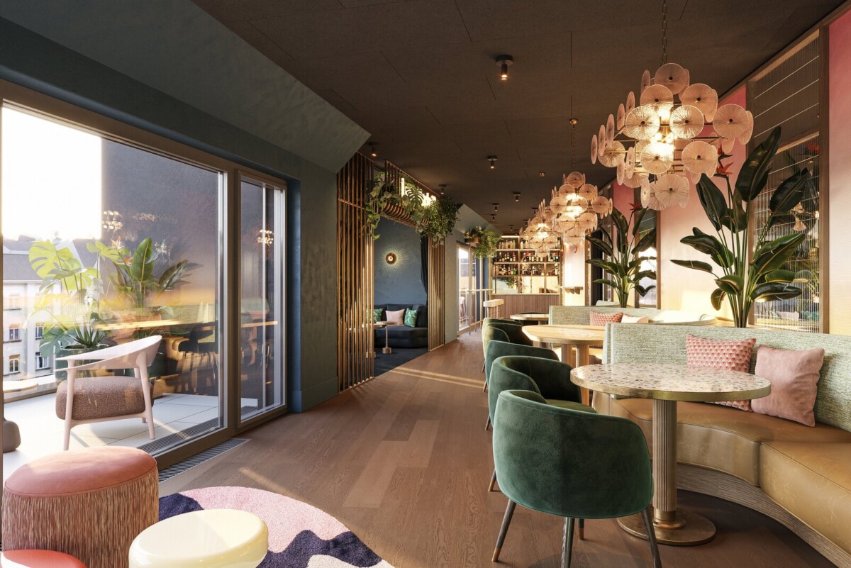 Rooftop-Bar Vieami mit Blick über Wien, Art-Déco-Lampen und Pflanzen