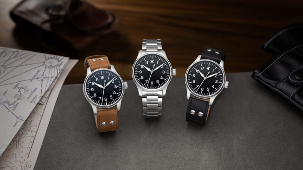 Die drei Bandvarianten der STOWA Flieger Klassik 40 Flight to 100: Stahlband, braunes und schwarzes Fliegerlederband