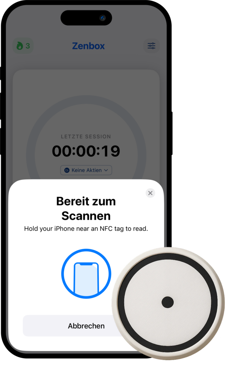 Der Zenbox-NFC-Puck freigestellt, ohne Akku und ohne Kabel