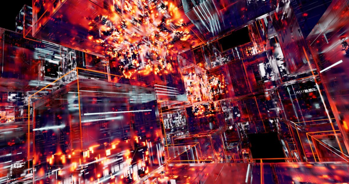 Abstrakte neonbeleuchtete digitale Würfel als Symbol für künstliche Intelligenz