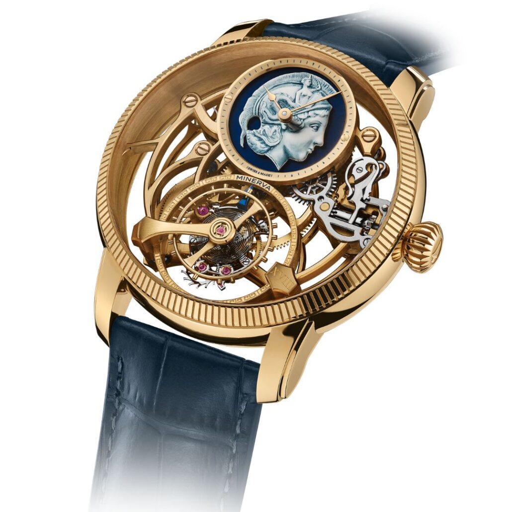 Minerva Exo Tourbillon Skeleton mit geriffelter Lünette und blauem Alligatorband, schräg fotografiert