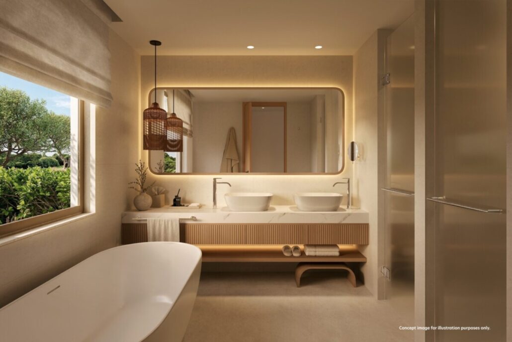 Modernes Badezimmer mit freistehender Badewanne, Doppelwaschtisch und Spiegel