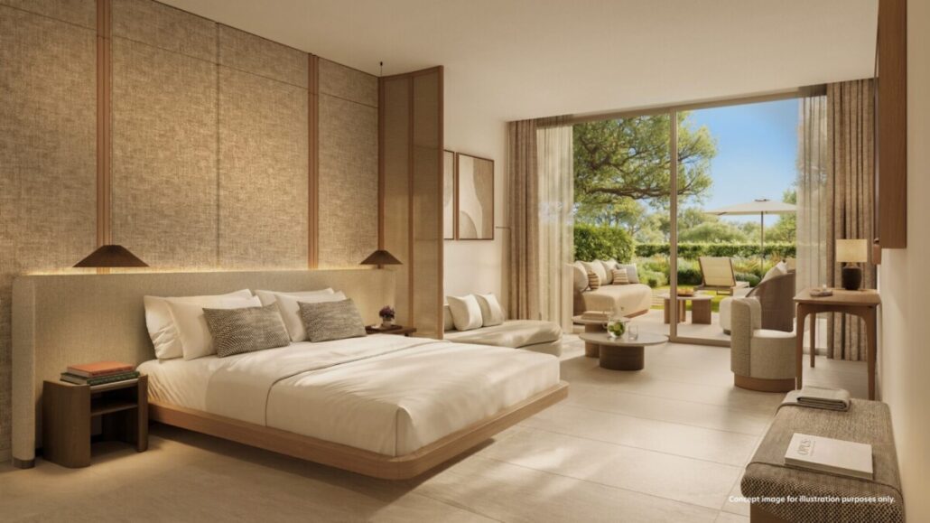 Modernes Schlafzimmer mit Doppelbett und Glasschiebetür zu Terrasse und Garten
