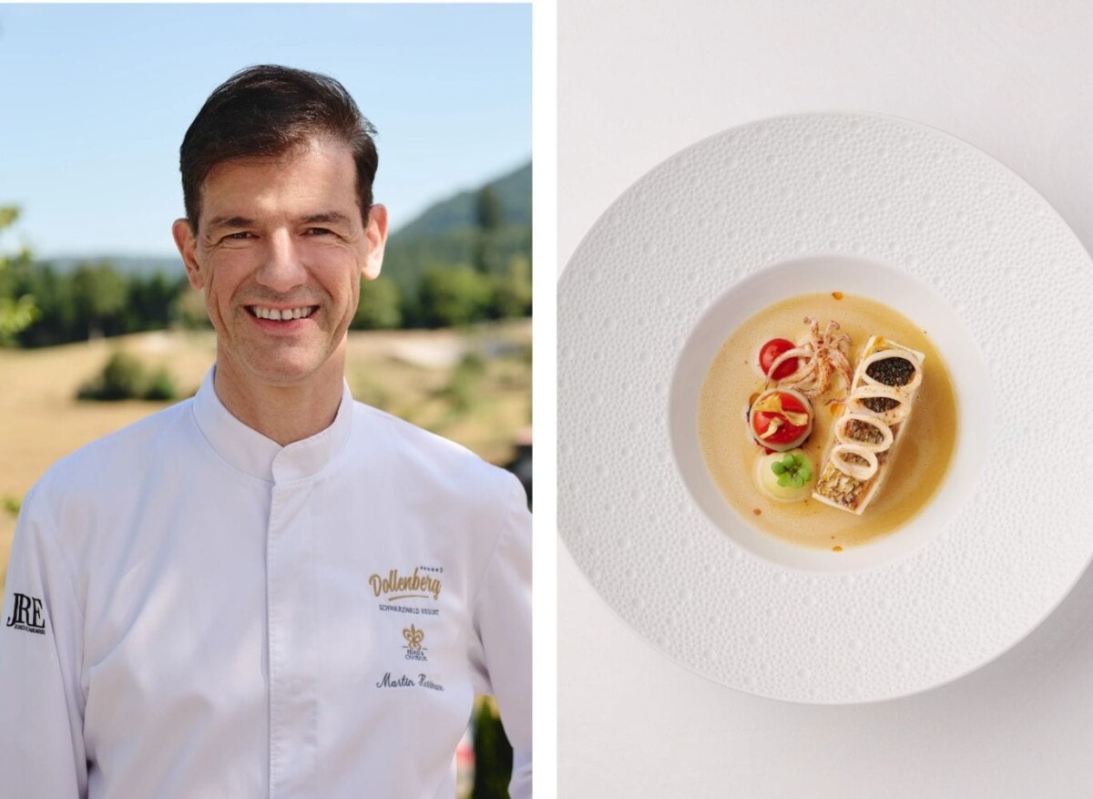 Relais & Châteaux Michelin-Stern: Sternekoch Martin Herrmann im Hotel Dollenberg, daneben ein Fischgericht