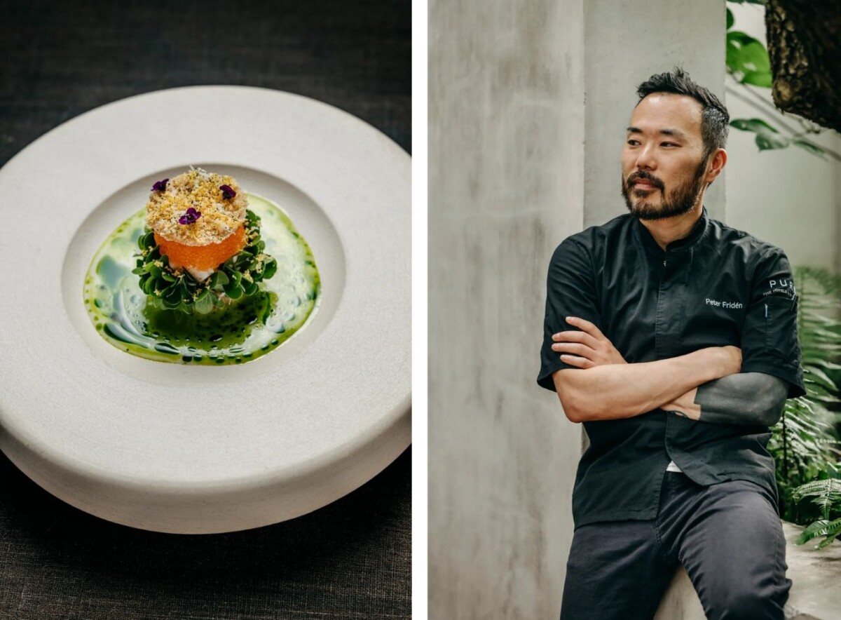 Küchenchef Peter Fridén im Relais & Châteaux PURS neben einem Gericht im Sinne von Wabi-Sabi