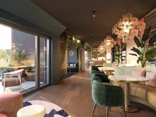 Rooftop-Bar Vieami mit Blick über Wien, Art-Déco-Lampen und Pflanzen